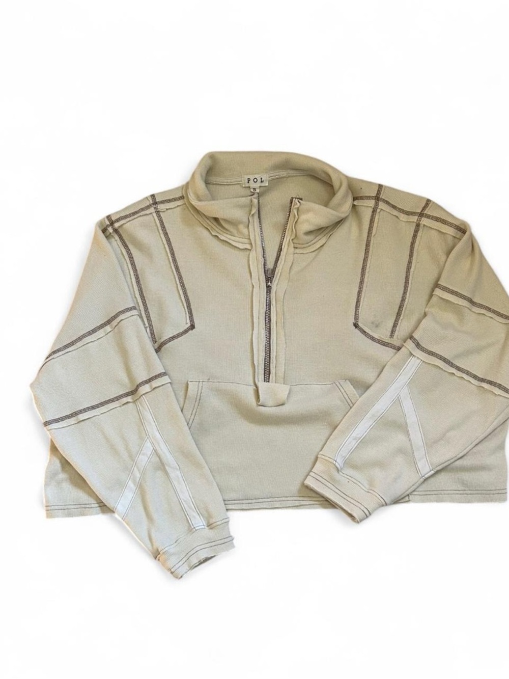 POL Olive-Beige Half Zip Sweater with Contrast Piping